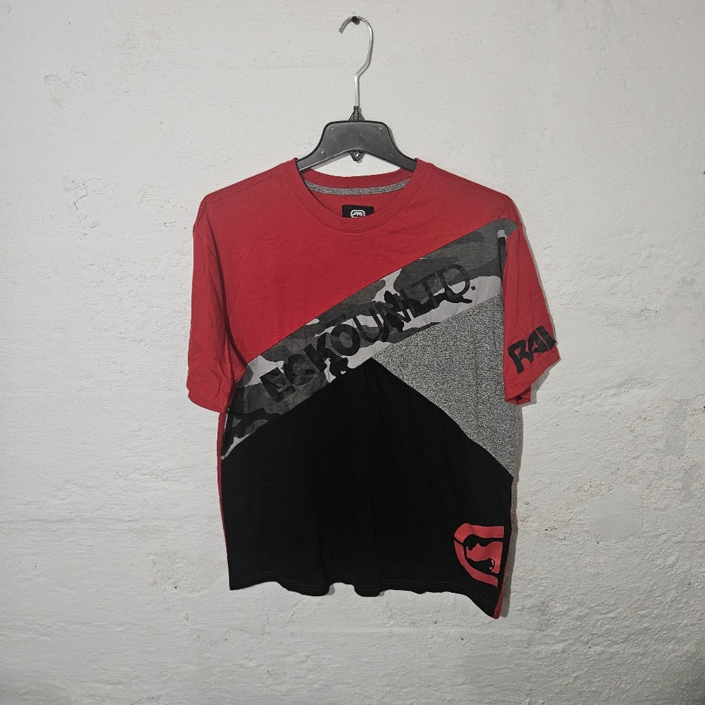 Ecko Unltd Mens XL Graphic T Shirt Red Black Gray Colorblock Streetwear Logo Tee